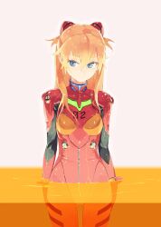  blue_eyes bodysuit brown_hair commentary_request female hair_ornament highres lcl long_hair neon_genesis_evangelion orange_hair plugsuit rebuild_of_evangelion revision shihou_(g-o-s) smile solo souryuu_asuka_langley wading wet 