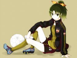  bad_id bad_pixiv_id ball bottle cleats green_eyes green_hair green_shirt jacket kneehighs midorikawa_nao ponytail precure ribbon shirt shorts simple_background sitting smile_precure soccer_ball solo vader_(n.r.t.a.) water_bottle white_soccer_ball 