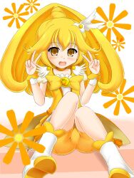  :d bike_shorts bike_shorts_under_skirt blonde_hair boots bow commentary_request cure_peace double_v female flower frills hair_flaps katsuragi_niya long_hair looking_at_viewer magical_girl open_mouth photoshop_(medium) precure shorts sitting smile smile_precure solo upskirt v wide_ponytail yayoi_kise yellow_bow yellow_eyes yellow_shorts yellow_theme 