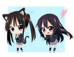  2girls akiyama_mio alternate_hairstyle animal_ears bad_id bad_pixiv_id black_hair blue_eyes cat_ears chibi hairstyle_switch k-on! kurou_(quadruple_zero) long_hair multiple_girls nakano_azusa painttool_sai_(medium) red_eyes sakuragaoka_high_school_uniform school_uniform tail twintails 