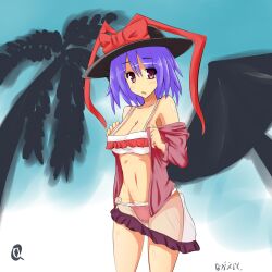  :o bikini blush breasts cleavage commentary female hat highres large_breasts nagae_iku purple_hair see-through shiny_skin short_hair solo strap_gap swimsuit tilt-shift_(azalanz) touhou white_bikini 