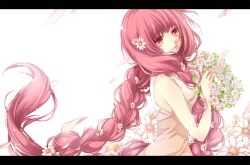  braid brown_hair commentary_request female flower hair_flower hair_ornament hoop koyomi_roentgen letterboxed long_hair original petals photoshop_(medium) red_eyes red_hair shirt solo twin_braids very_long_hair 