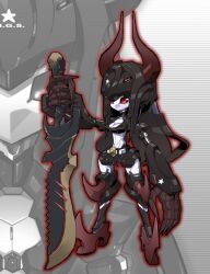  android black_gold_saw black_rock_shooter claws commentary_request crossover highres horns joints king_saw mecha mechanization medarot no_humans outline photoshop_(medium) red_eyes robot robot_joints solo sword tonami_kanji weapon zoom_layer 