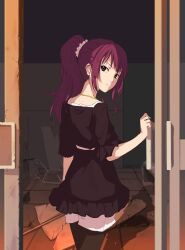  bad_id bad_pixiv_id bakemonogatari black_pantyhose dress ebiblue female frown highres jewelry looking_back monogatari_(series) necklace pantyhose pantyhose_under_shorts ponytail purple_eyes purple_hair senjougahara_hitagi shorts solo white_shorts 