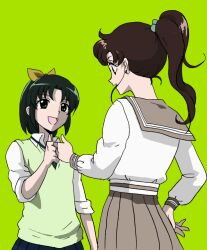  2girls bishoujo_senshi_sailor_moon brown_hair color_connection commentary_request crossover dark_green_hair fist_bump green_background green_eyes green_hair green_sweater_vest green_theme hair_bobbles hair_ornament hand_on_own_hip high_ponytail kino_makoto kino_makoto&#039;s_school_uniform kyakya midorikawa_nao multiple_girls muted_color nanairogaoka_middle_school_uniform neck photoshop_(medium) ponytail precure school_uniform sleeves_rolled_up smile smile_precure sweater_vest trait_connection 