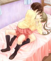  2girls bed brown_eyes brown_hair long_hair mountain_pukuichi original short_hair twintails yuri 