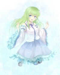  bad_id bad_pixiv_id black_pantyhose blue_eyes blush breasts detached_sleeves female frills frog frog_hair_ornament green_hair hair_ornament hair_tubes jumping kochiya_sanae long_hair medium_breasts open_mouth pantyhose photoshop_(medium) primamiya skirt smile snake solo touhou 