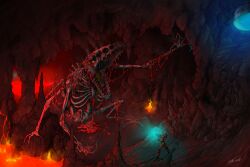  absurdres arm_cannon armor battle cave claws commentary_request crocomire death female fire highres justin_fairfield lava md5_mismatch melting metroid monster open_mouth photoshop_(medium) red_theme samus_aran signature skeleton tail varia_suit weapon 