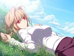  arcueid_brunestud clouds game_cg grass lying melty_blood oppai red_eyes sky takeuchi_takashi tsukihime type-moon 