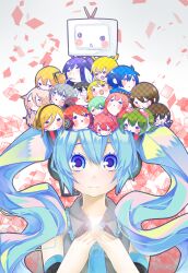  5boys 6+girls absurdres akita_neru aqua_hair blue_eyes chibi commentary_request crossover detached_sleeves green_hair gumi hatsune_miku headphones headset highres hiyama_kiyoteru ia_(vocaloid) kaai_yuki kagamine_len kagamine_rin kaito_(vocaloid) kamui_gakupo kasane_teto lily_(vocaloid) long_hair looking_at_viewer megurine_luka meiko_(vocaloid) multiple_boys multiple_girls necktie niconico pineapple_(a30930s) ryuuto_(vocaloid) sf-a2_miki smile tears television terebi-chan twintails utau very_long_hair vocaloid yowane_haku 