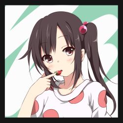  black_hair brown_eyes commentary_request female food fruit k-on! listen!! long_hair lowres nakano_azusa polka_dot side_ponytail solo strawberry yuki_(sangeki5806) 