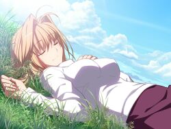  arcueid_brunestud closed_eyes clouds game_cg grass lying melty_blood oppai sky takeuchi_takashi tsukihime type-moon 