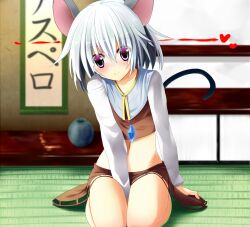  animal_ears bad_id bad_pixiv_id between_legs blush capelet dx_(dekusu) female gem hand_between_legs hanging_scroll heart jewelry midriff mouse_ears navel nazrin necklace pendant purple_eyes scroll shirt sign sitting skirt smile solo tail tatami touhou vase white_hair 