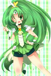  big_hair bike_shorts bike_shorts_under_skirt choker circlet commentary_request cure_march female green_choker green_eyes green_hair green_skirt green_theme haru_(nature_life) long_hair magical_girl midorikawa_nao one_eye_closed open_mouth pointing ponytail precure ribbon skirt smile smile_precure solo tiara tri_tails very_long_hair wrist_cuffs 