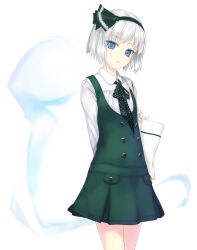  bag black_hairband blue_eyes female flat_chest hair_ribbon hairband handbag hitodama konpaku_youmu konpaku_youmu_(ghost) ribbon rokuwata_tomoe shimamura_youmu_(unadare) short_hair simple_background solo touhou white_hair 