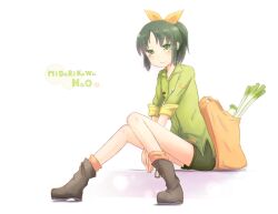  bag boots character_name commentary_request female full_body green_eyes green_hair green_shirt kokotetsu midorikawa_nao ponytail precure shirt shopping_bag short_hair sitting smile smile_precure solo spring_onion white_background 