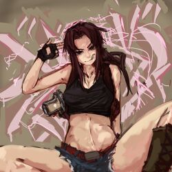  bad_id beretta_92 black_lagoon boots breasts brown_eyes brown_hair cigarette cleavage colorized crop_top denim denim_shorts female finger_gun finger_gun_to_head gun handgun highres holster large_breasts long_hair midriff panties_(pantsu-pirate) pointing pointing_at_self ponytail revy_(black_lagoon) short_shorts shorts shoulder_holster spread_legs tank_top weapon 