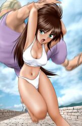  1boy aanasu armpits arms_up barefoot bikini breasts brown_hair cleavage cloud day female green_eyes judo_throw long_hair medium_breasts motion_blur navel open_mouth shingyouji_tatsuya sky swimsuit windaria 