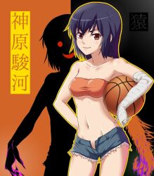  ball bandages bandeau basketball basketball_(object) blue_hair blush commentary_request cutoffs denim denim_shorts dual_persona ebiblue female fur groin kanbaru_suruga midriff monogatari_(series) navel nisemonogatari open_fly shirt short_shorts shorts smile strapless taut_clothes taut_shirt tube_top unzipped 