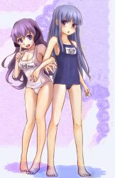  2girls armpits bad_id bad_pixiv_id bakemata barefoot blue_hair blunt_bangs breasts cleavage collarbone furude_rika hanyuu higurashi_no_naku_koro_ni horns locked_arms long_hair medium_breasts multiple_girls one-piece_swimsuit open_mouth purple_eyes purple_hair school_swimsuit small_breasts standing swimsuit white_one-piece_swimsuit 