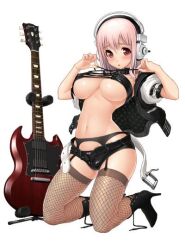  belt black_panties blush boots bra_pull breasts cameltoe electric_guitar fishnet_stockings fishnets garter_belt guitar guitar_stand headphones high-heeled_boots high_heel_boots high_heels huge_breasts lace-up_boots low_res nitroplus on_knees open_clothes open_jacket oppai panchira pink_hair red_eyes shorts shy soniko super_soniko tsuji_santa unbuckled_belt underboobs zettai_ryouiki 