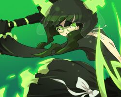  bare_back black_dress black_hair black_rock_shooter commentary_request curly_hair dead_master dress female glasses green_eyes kakikukeko looking_at_viewer md5_mismatch scythe solo wings 