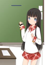  black_hair blue_eyes blush chalkboard commentary_request eraser female highres long_hair original photoshop_(medium) ribbon school_uniform shouji_ayumu solo 