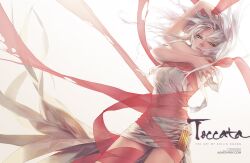  backlighting blackbird_(shilin) carciphona character_name chinese_commentary commentary_request dress female floating_hair green_eyes long_hair making-of_available parted_lips red_ribbon ribbon shilin short_dress solo standing torn_clothes veloce_visrin watermark web_address white_background white_dress white_hair 