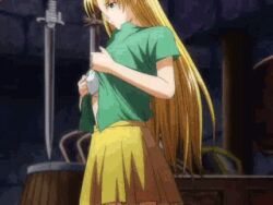  animated barrel blonde_hair breasts large_breasts long_hair looking_back oppai sharon shield skirt sword undressing words_worth 