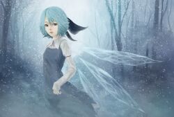  akai_kitsune bad_id bad_pixiv_id blue_dress blue_eyes blue_hair cirno dress female forest hair_ribbon highres looking_at_viewer nature parted_lips ribbon shirt short_hair snow snowing solo touhou wings 