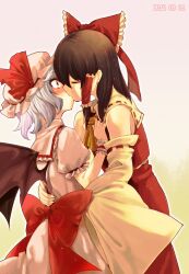  2girls ascot bad_id bad_pixiv_id bat_wings blue_hair bow brown_hair closed_eyes dated detached_sleeves hair_tubes hairbow hakurei_reimu hat hat_ribbon kissing multiple_girls red_eyes remilia_scarlet ribbon shirt short_hair skirt skirt_set surprise_kiss surprised touhou wide-eyed wings wrist_cuffs yuki_(popopo) yuri 