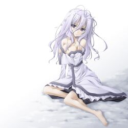  alternate_costume barefoot breasts cleavage commentary_request female full_body hair_ornament highres ice jewelry letty_whiterock long_hair medium_breasts miyupon necklace no_headwear off_shoulder purple_eyes snow solo touhou white_hair yuki_onna 