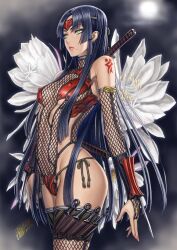  artist_name bare_shoulders blue_hair blunt_bangs blunt_ends breasts bridal_gauntlets closed_mouth cloud cloudy_sky covered_nipples cowboy_shot dark_blue_hair dated earrings epiphyllum expressionless female fingernails fishnet_thighhighs fishnets floral_background flower from_side full_moon green_eyes groin half-closed_eyes halterneck headband holster jewelry kunai leotard lips long_fingernails long_hair looking_afar mole mole_under_mouth moon nail_polish night night_sky ninja original outdoors parted_bangs photoshop_(medium) sheath sheathed sideboob sidelocks signature sky small_breasts solo standing sword tattoo thigh_holster thighhighs toned tsukasa_jun turtleneck underboob vambraces very_long_hair weapon weapon_on_back white_flower yellow_eyes 