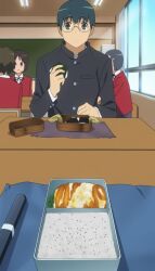  background_students bento bento_box blue_bento_box blue_wrapping brown_bento_box case chalkboard chopstick classroom curtain desk egg_wrapped_meat interior kitamura_yuusaku lid_removal lights megane rice screen_capture toradora! window 