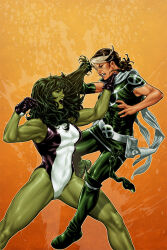  2girls boots brown_hair colored_skin gloves green_boots green_hair green_pants green_shirt green_skin leotard long_hair markbrooksart marvel multicolored_hair multicolored_leotard multiple_girls orange_background pants purple_gloves purple_leotard rogue_(x-men) she-hulk shirt two-tone_hair two-tone_leotard white_hair white_leotard x-men 