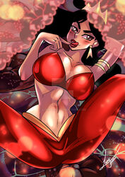  1girls aladdin arabian belly_dancer belly_dancer_outfit black_hair blush brown_eyes brown_hair cleavage dark-skinned_female dark_skin disney disney_princess enslaved_royal female female_only fully_clothed harem_girl harem_outfit harem_pants huge_breasts legs_spread licking_lips long_hair lufidelis princess_jasmine slave slave_outfit slavegirl solo spread_legs watermark 