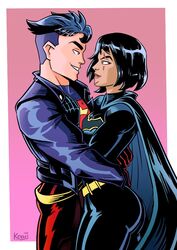  1boy 1boy1girl 1girls asian asian_female ass batgirl batgirl_(cassandra_cain) batman_(series) big_ass blue_eyes cape cassandra_cain conner_kent couple dc dc_comics female fully_clothed gloves happy hip_grab hips kevintrentin kon-el large_ass light-skinned_male male male/female romantic romantic_couple scars short_hair smile straight superboy superhero superheroine superman_(series) touching_hip wide_hips 