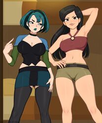  2girls 5_fingers abs afrobull arm_up armpits bare_shoulders big_breasts black_heels blue_hair blue_lipstick cartoon_network cleavage closed_mouth clothed clothed_female clothing dark_hair eyes female female_only goth goth_girl gwen_(tdi) heather_(tdi) high_heels human jpeg long_hair looking_annoyed looking_at_viewer multicolored_hair multiple_girls open_eyes posing short_hair short_shorts signature simple_background skirt standing total_drama_island voluptuous voluptuous_female 