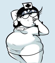  1girls 2021 arm_behind_head bbw belly black_hair breasts fat fat_female female finger_in_mouth nurse nurse_cap nurse_uniform overweight overweight_female pop-tart_girl pop-tarts small_breasts solitaryscribbles weight_gain 