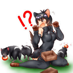  !? absurdres animal animal_ears bare_shoulders black_hair blush bow bowtie breasts brown_hair creature_and_personification detached_sleeves extra_ears female food food_theft gloves hakumaiya highres japari_bun kemono_friends medium_breasts multicolored_hair musical_note oerba_yun_fang open_mouth personification seiza short_hair sitting tail tasmanian_devil tasmanian_devil_(kemono_friends) tasmanian_devil_ears tasmanian_devil_tail thighhighs 