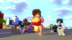  3d 3d_(artwork) anthro anthrofied background beach beret bikini bikini_bottom bikini_top breasts crowd crowd_watching cubanapple hat julia_(cubanapple) large_breasts mine-imator minecraft public slime 