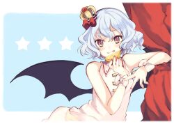  +_+ :q bare_shoulders bat_wings blue_hair blush bow crown female food fruit holding lemon oerba_yun_fang photoshop_(medium) red_eyes remilia_scarlet ribbon shiina_aya smile solo tongue tongue_out touhou wings wrist_ribbon 