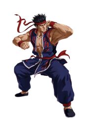  1boy baggy_pants black_hair dougi headband kung_fu male_focus muscular official_art pants project_x_zone slippers solo spiked_hair tan virtua_fighter wristband yuki_akira 