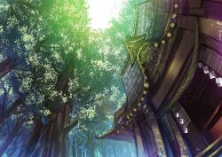  commentary_request fisheye foreshortening from_below gensokyo hakurei_shrine landscape light_rays madcocoon no_humans scenery shrine sunbeam sunlight touhou tree 