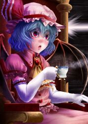  bat_wings blue_hair blush chair commentary_request cup elbow_gloves female gloves hat hat_ribbon holding lips open_mouth photoshop_(medium) red_eyes remilia_scarlet ribbon sitting solo teacup touhou white_gloves wings yana_(nekoarashi) 