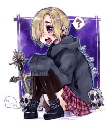  ? blonde_hair commentary_request earrings female hair_over_one_eye hood hoodie idolmaster idolmaster_cinderella_girls jewelry plaid plaid_skirt red_eyes shirasaka_koume short_hair skirt skull sleeves_past_fingers sleeves_past_wrists sweater takanashi_ringo thighhighs tongue tongue_out 