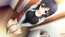  bag black_hair book book_stand breasts brown_eyes collarbone door dutch_angle female from_above game_cg hair_ornament hairclip hinasaki_you holding indoors jacket large_breasts long_hair own_hands_together parted_lips skirt smile solo standing thighhighs tsuisou_no_augment umekawa_shiho v_arms white_thighhighs wooden_floor zettai_ryouiki 