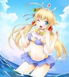  ;d adelaide_grand_marnier ahoge bare_shoulders bikini blonde_hair blue_eyes breasts commentary crown dog_days female flower groin hair_flower hair_ornament long_hair medium_breasts michii_yuuki navel one_eye_closed open_mouth purple_bikini smile solo star-shaped_pupils star_(symbol) swimsuit symbol-shaped_pupils water 