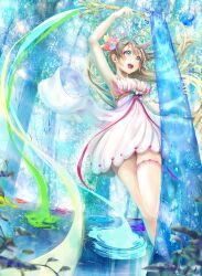  art_brush blonde_hair blue_eyes commentary_request dress female flower hair_flower hair_ornament holding keepout long_hair oekaki_musume original paintbrush scenery single_thighhigh solo thighhighs tree twintails wading water 