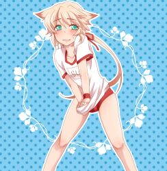  1boy animal_ears blonde_hair blush buruma cat_ears chung_seiker commentary_request elsword green_eyes gym_uniform hair_flaps hair_ribbon inaworks long_hair male_focus otoko_no_ko photoshop_(medium) ponytail red_buruma ribbon solo sweat 